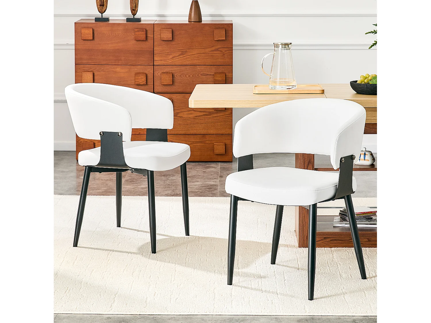 Juego de 2 sillas de comedor con reposabrazos y patas de polipiel negra y blanca