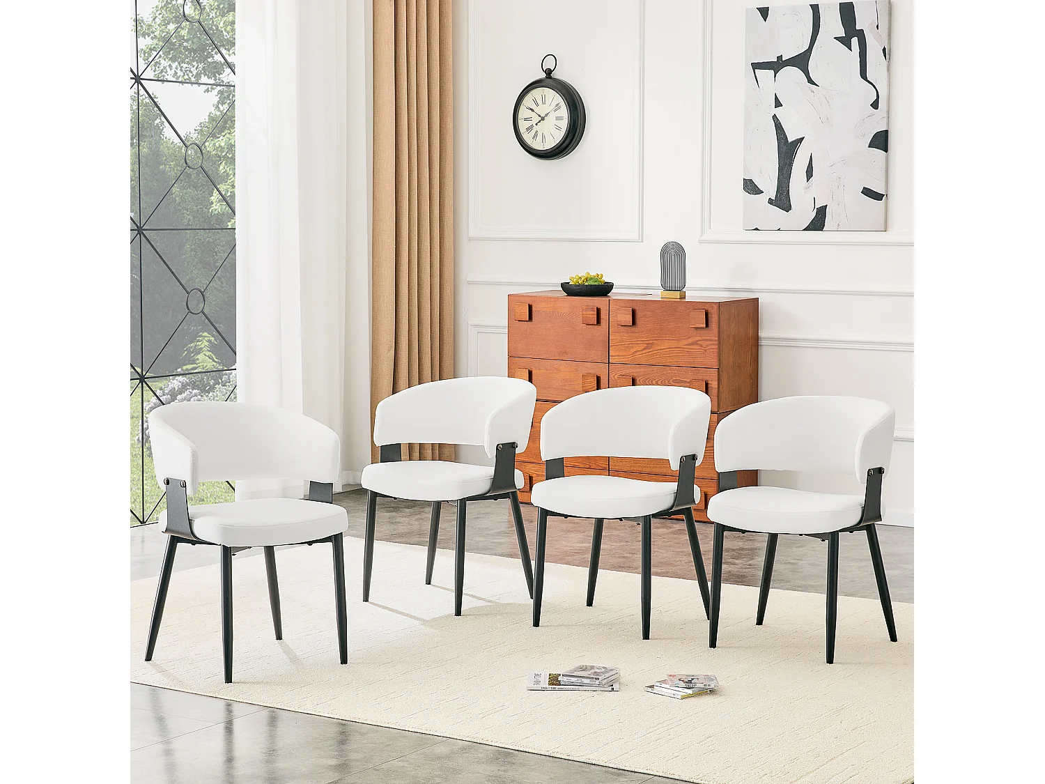 Juego de 2 sillas de comedor con reposabrazos y patas de polipiel negra y blanca