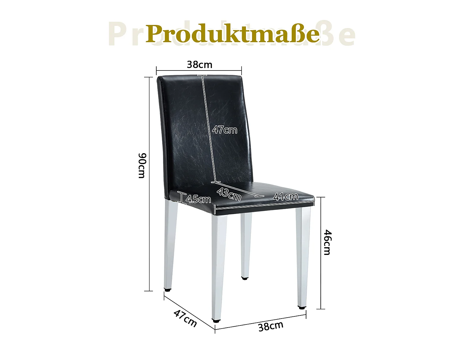 Set van 4 eetkamerstoelen in zwart kunstleer met zilverkleurige metalen poten