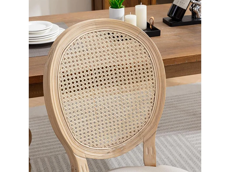 Lot de 2 chaises de salle à manger en tissu de lin avec dossier en rotin beige