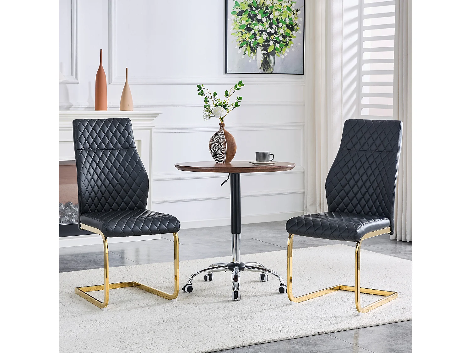 Set van 2 eetkamerstoelen met hoge rugleuning, bekleed met zwart kunstleer en voorzien van goudkleurige metalen poten
