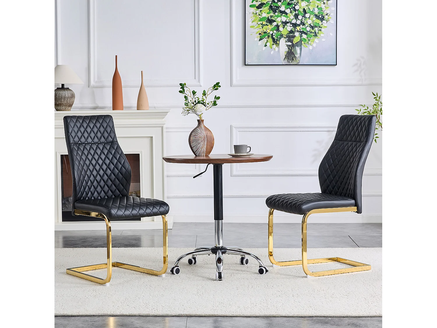Set van 2 eetkamerstoelen met hoge rugleuning, bekleed met zwart kunstleer en voorzien van goudkleurige metalen poten