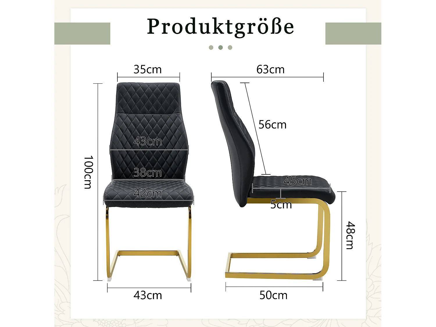 Set van 2 eetkamerstoelen met hoge rugleuning, bekleed met zwart kunstleer en voorzien van goudkleurige metalen poten