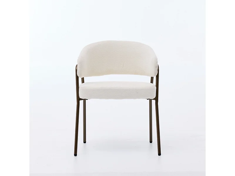 Chaise de salle à manger en chenille beige avec accoudoirs et pieds en métal finition laiton vieilli
