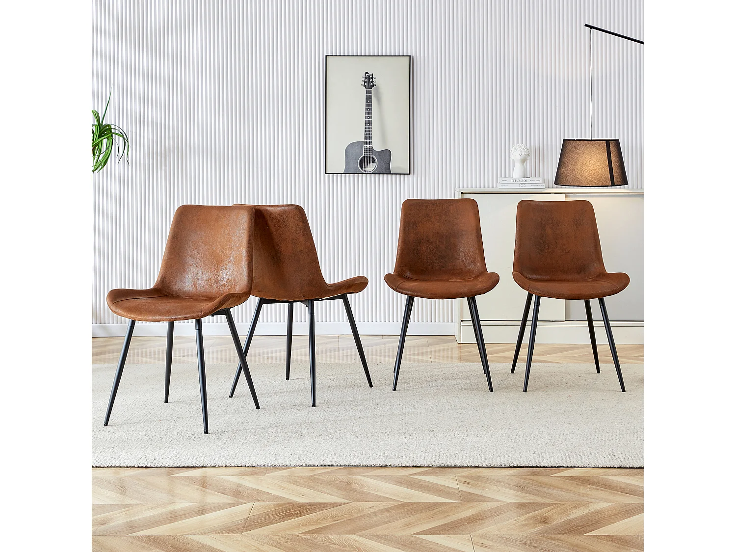 Lot de 4 chaises de salle à manger en tissu technique marron avec pieds en métal noir