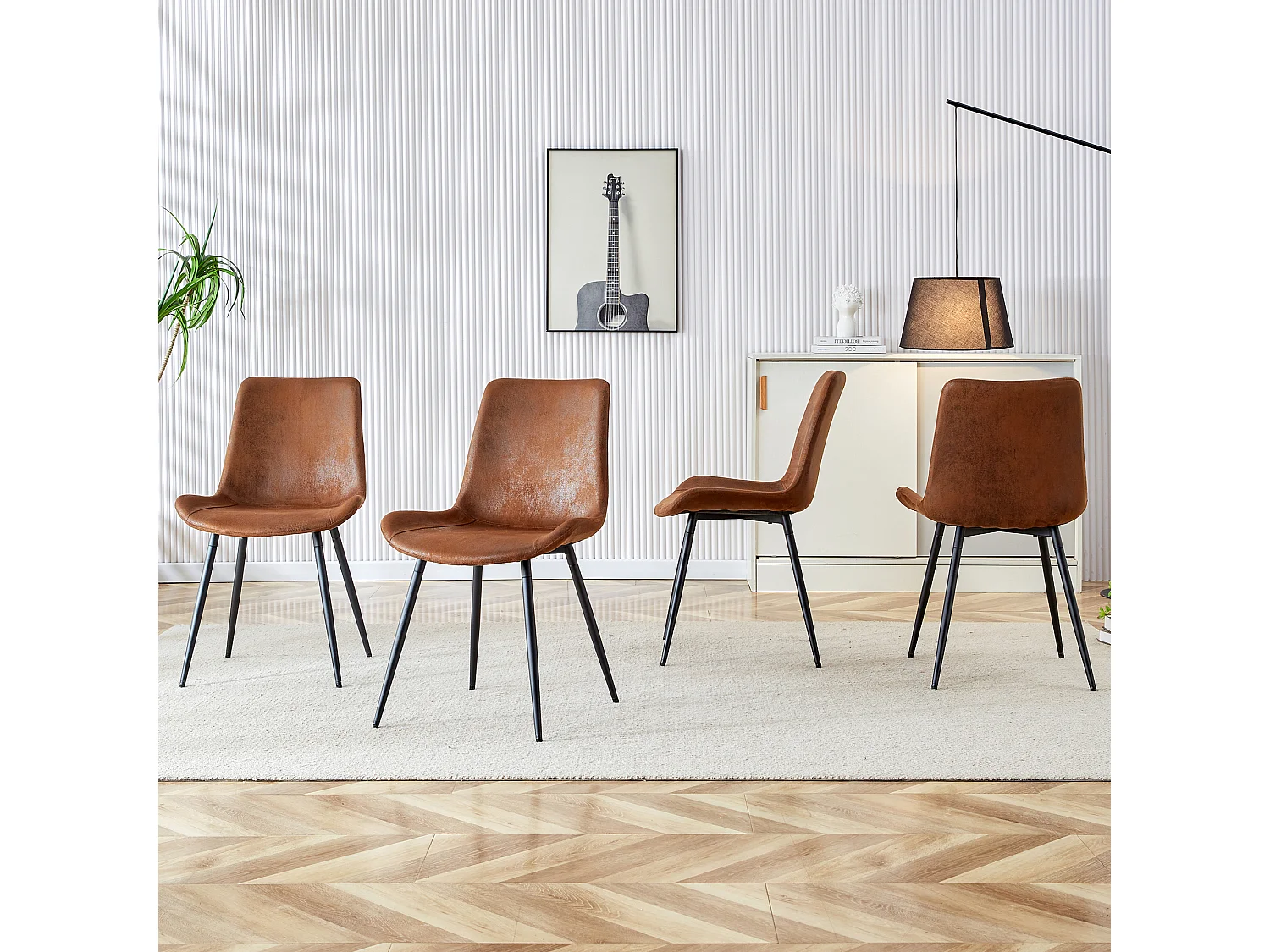 Lot de 4 chaises de salle à manger en tissu technique marron avec pieds en métal noir