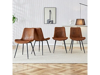 Set van 4 eetkamerstoelen in bruine technische stof met zwarte metalen poten