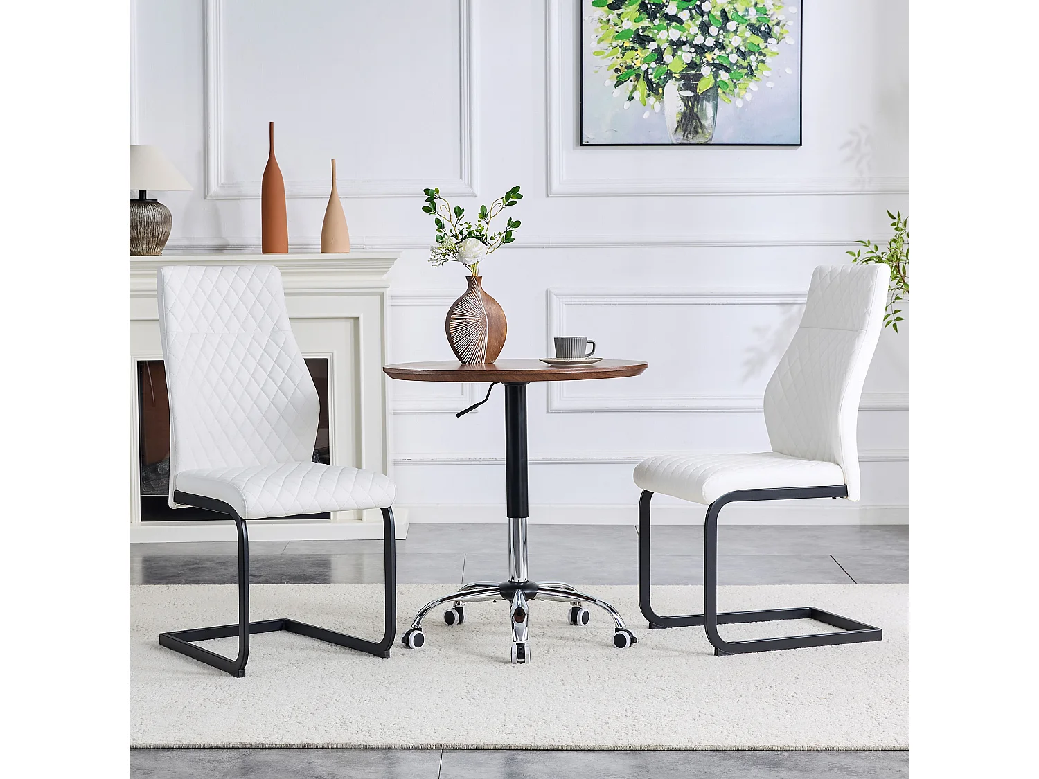Set van 2 eetkamerstoelen met hoge rugleuning in wit kunstleer met zwart metalen frame