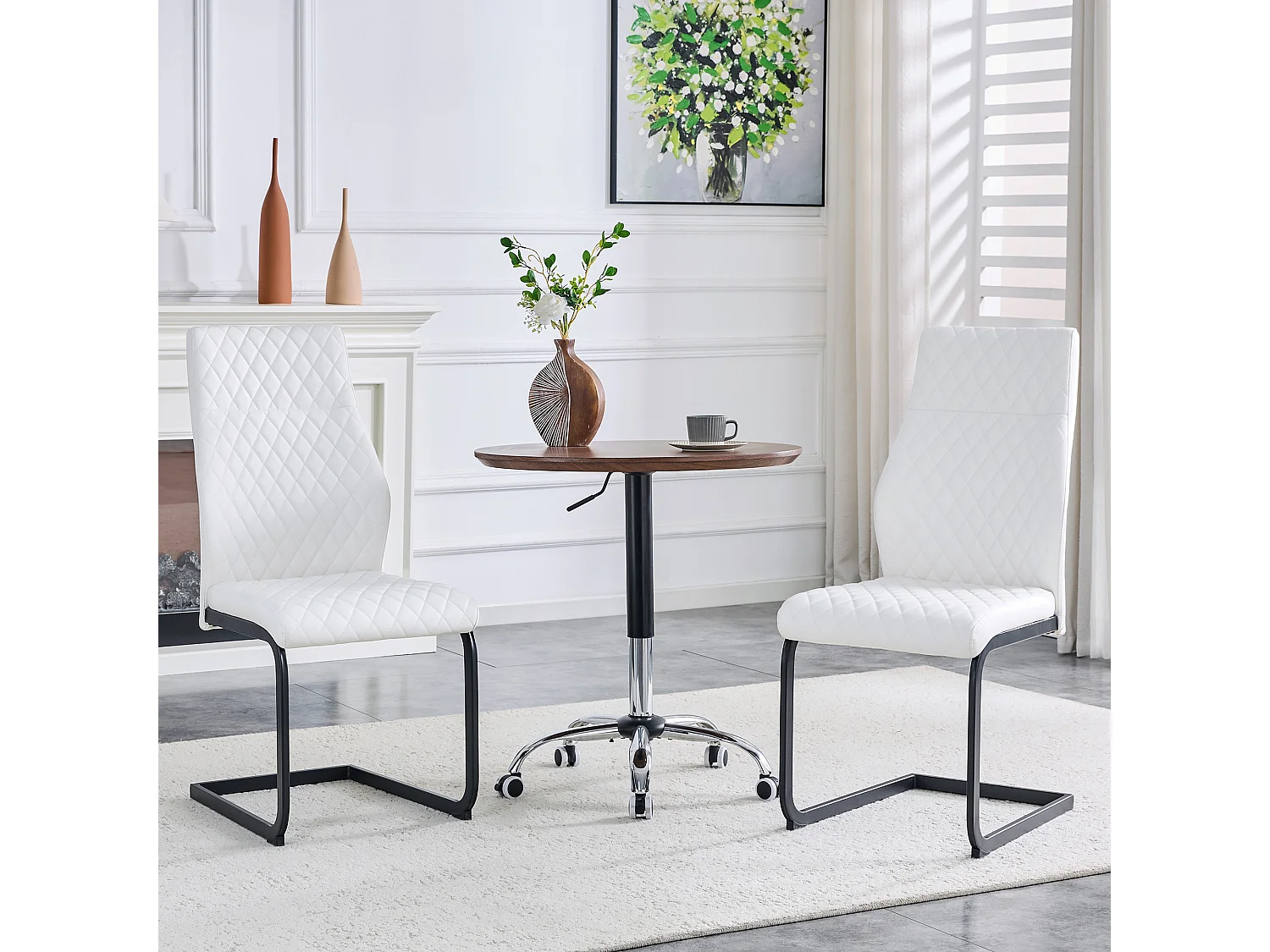 Set van 2 eetkamerstoelen met hoge rugleuning in wit kunstleer met zwart metalen frame