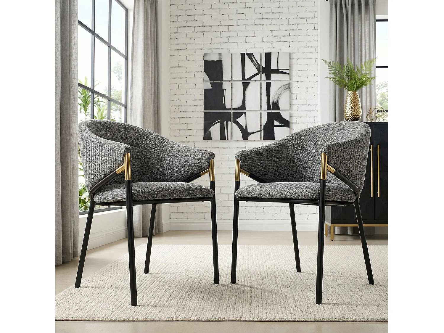 Juego de 2 sillas de comedor de chenilla con brazos de acero inoxidable, gris