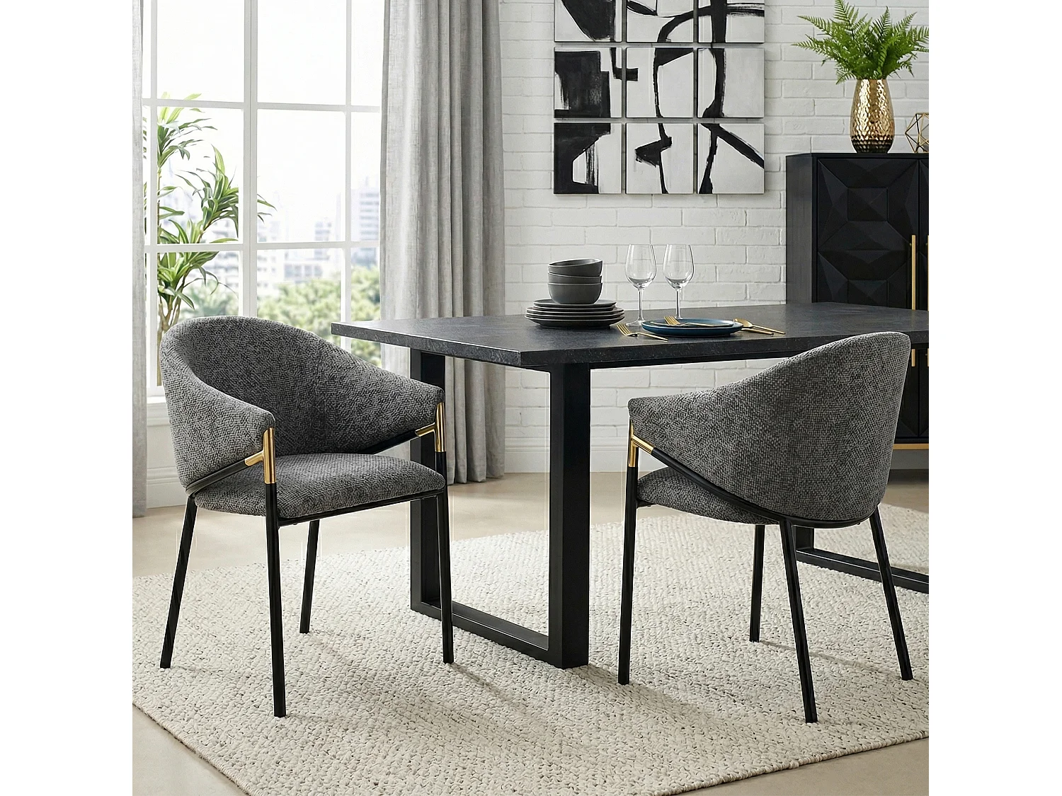 Juego de 2 sillas de comedor de chenilla con brazos de acero inoxidable, gris