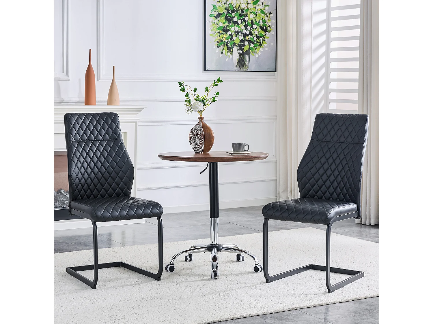 Set van 2 eetkamerstoelen met hoge rugleuning in zwart kunstleer met zwart metalen frame