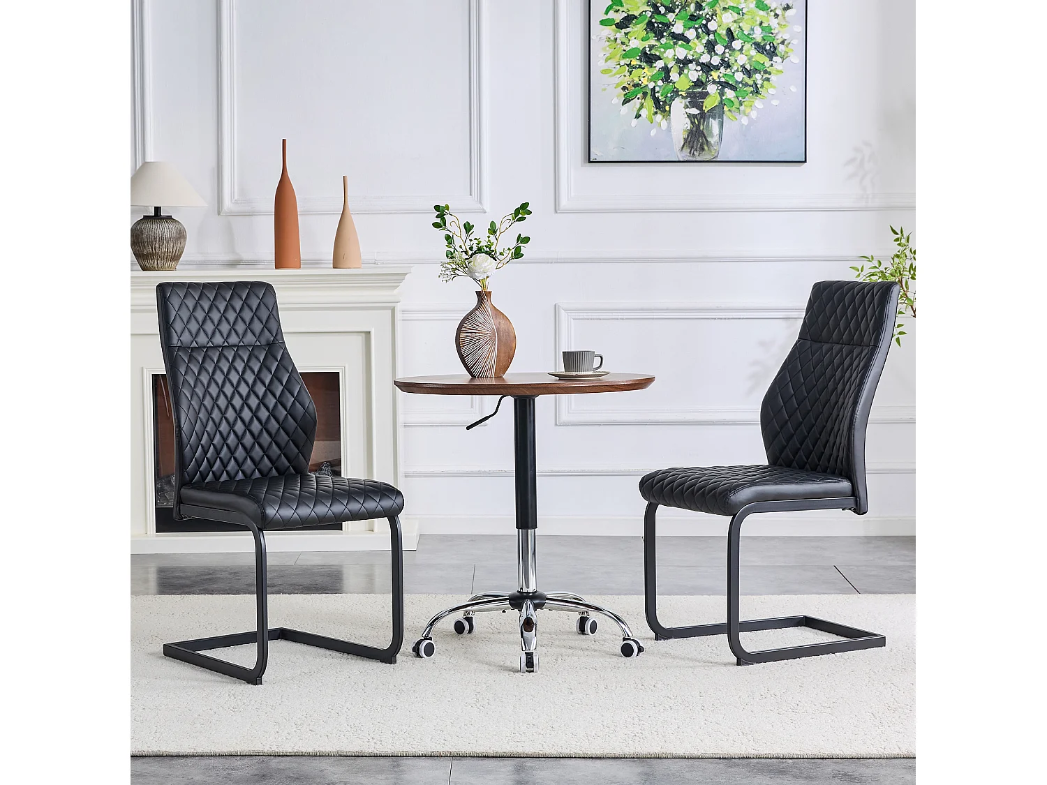Set van 2 eetkamerstoelen met hoge rugleuning in zwart kunstleer met zwart metalen frame