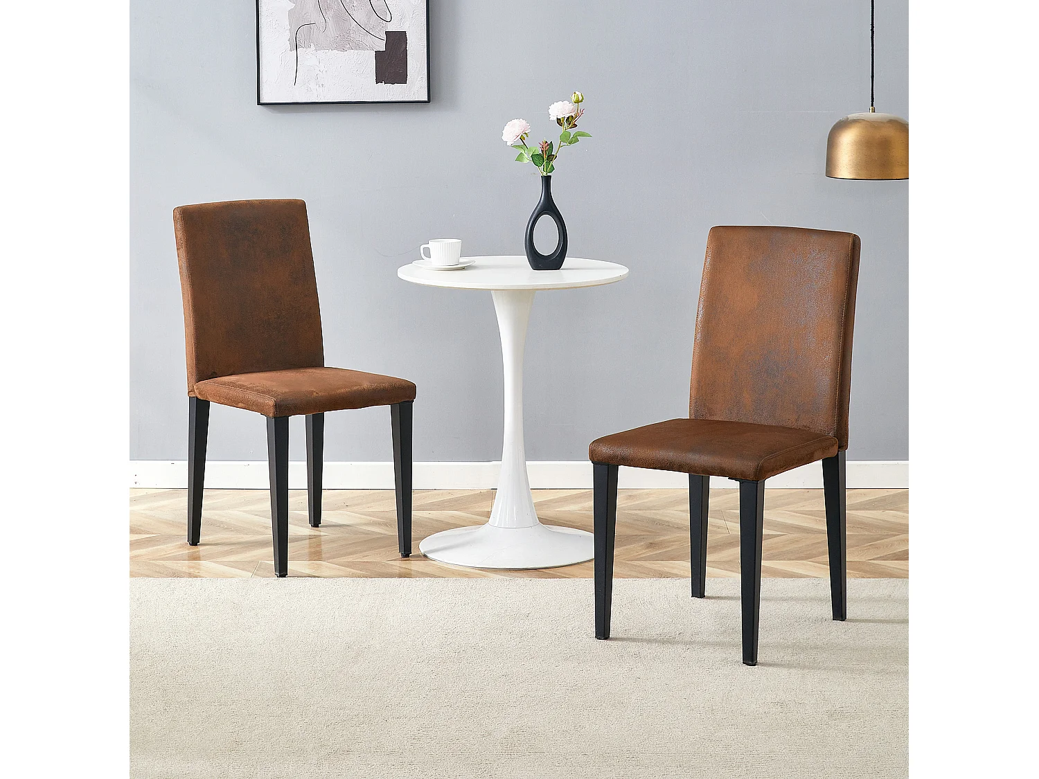 Lot de 2 chaises de salle à manger en tissu marron et métal noir