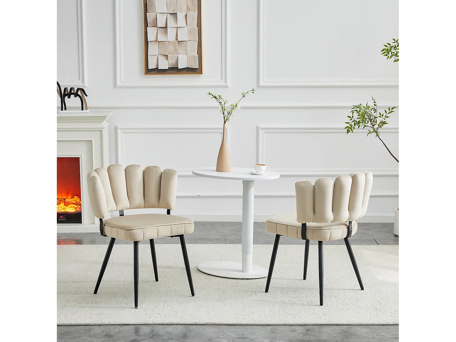 Juego de 2 sillas de comedor de terciopelo texturizado con patas de metal negro, color beige