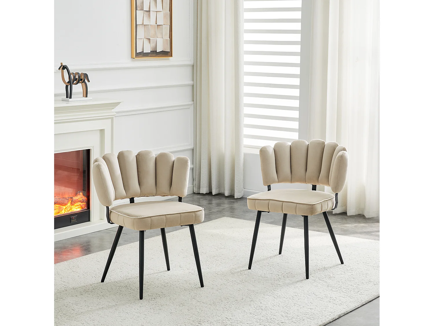 Juego de 2 sillas de comedor de terciopelo texturizado con patas de metal negro, color beige