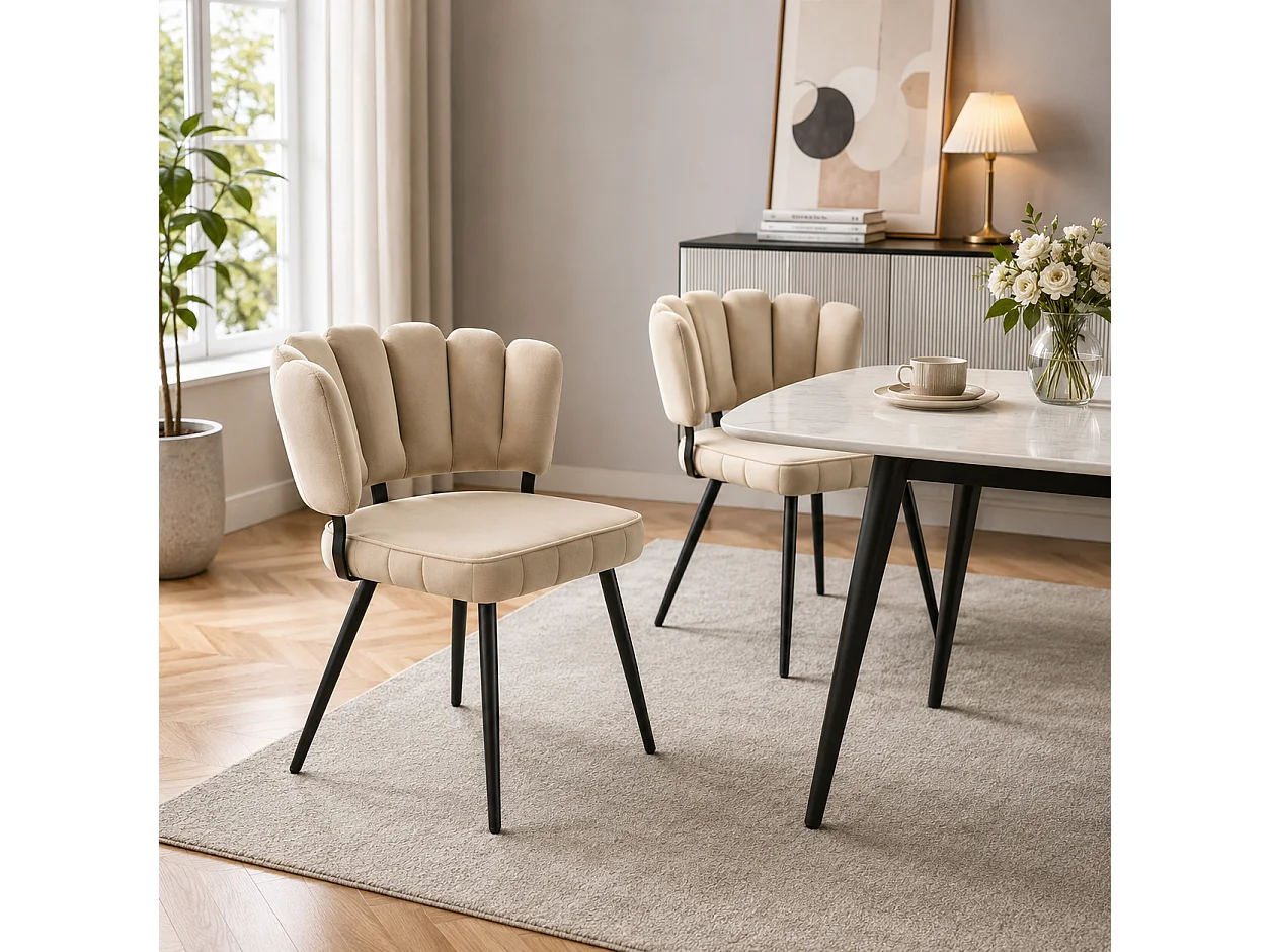 Juego de 2 sillas de comedor de terciopelo texturizado con patas de metal negro, color beige