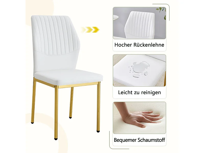 Lot de 4 chaises de salle à manger en similicuir blanc avec pieds en métal doré