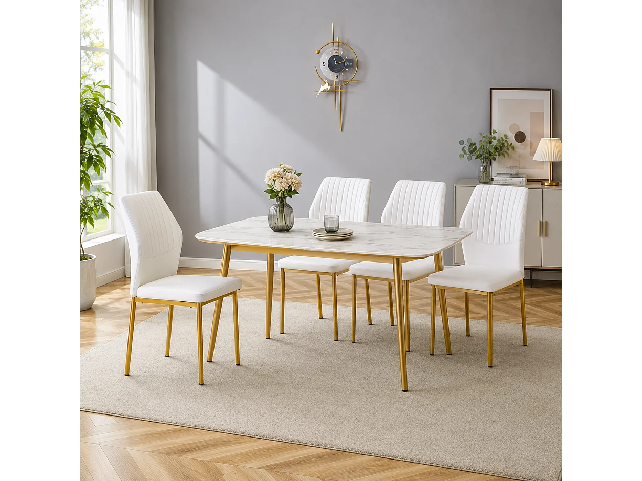 Lot de 4 chaises de salle à manger en similicuir blanc avec pieds en métal doré
