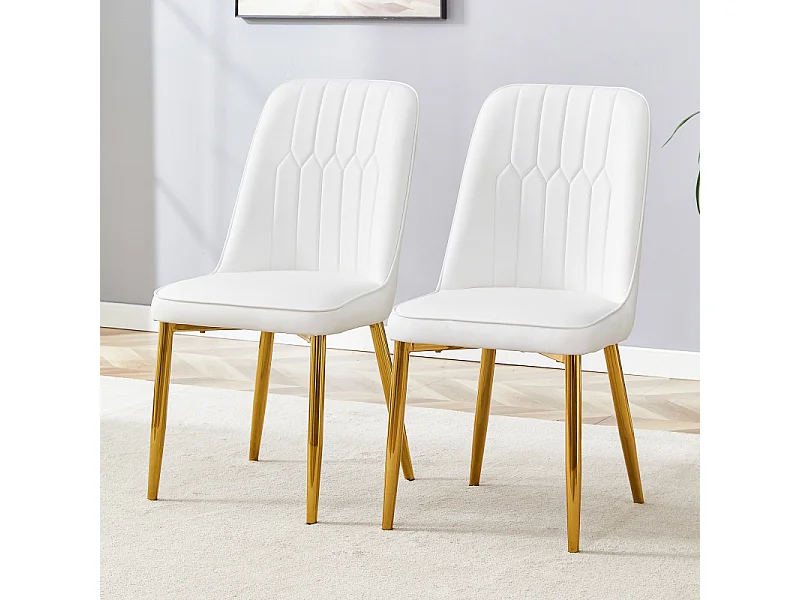Lot de 2 chaises de salle à manger en similicuir blanc avec pieds en métal or