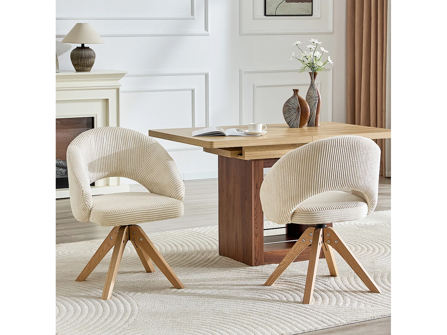 Set van 2 draaibare eetkamerstoelen in witte stof met massief houten poten