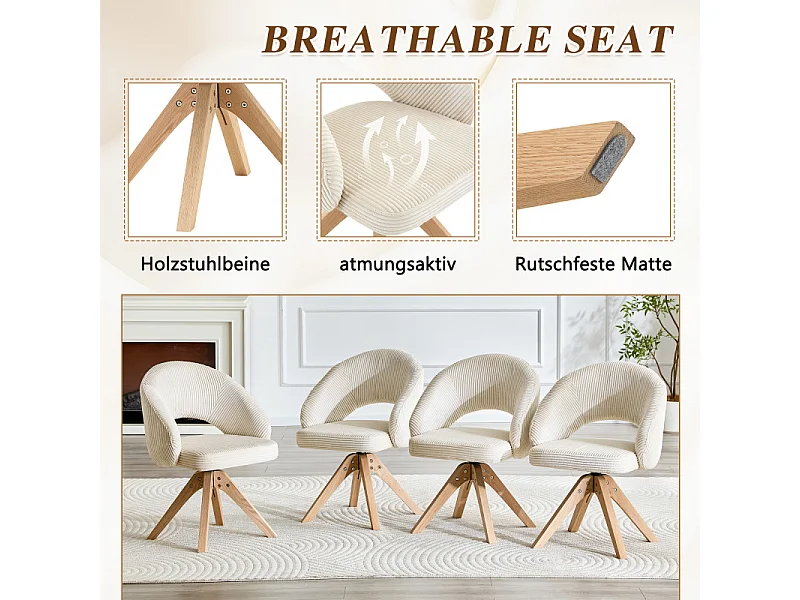 Set van 2 draaibare eetkamerstoelen in witte stof met massief houten poten