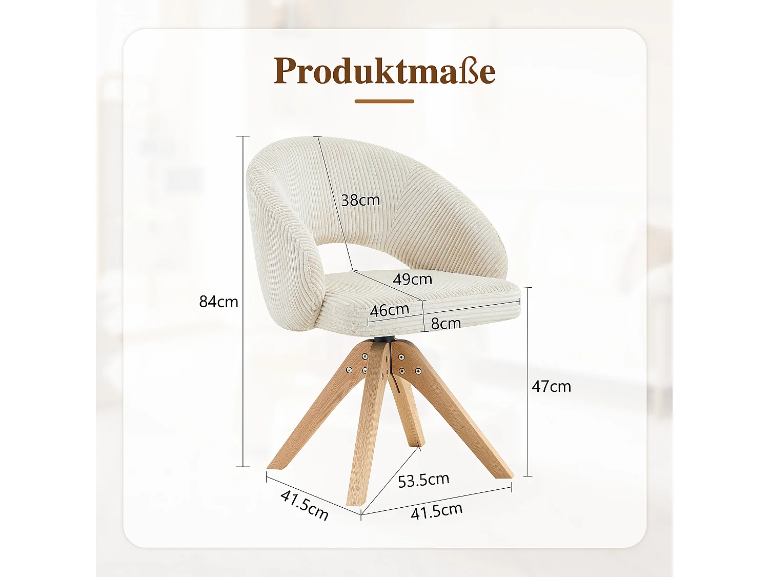 Set van 2 draaibare eetkamerstoelen in witte stof met massief houten poten