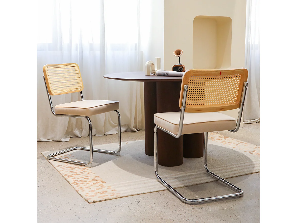 Set di 2 sedie da pranzo in velluto beige e rattan con gambe cromate