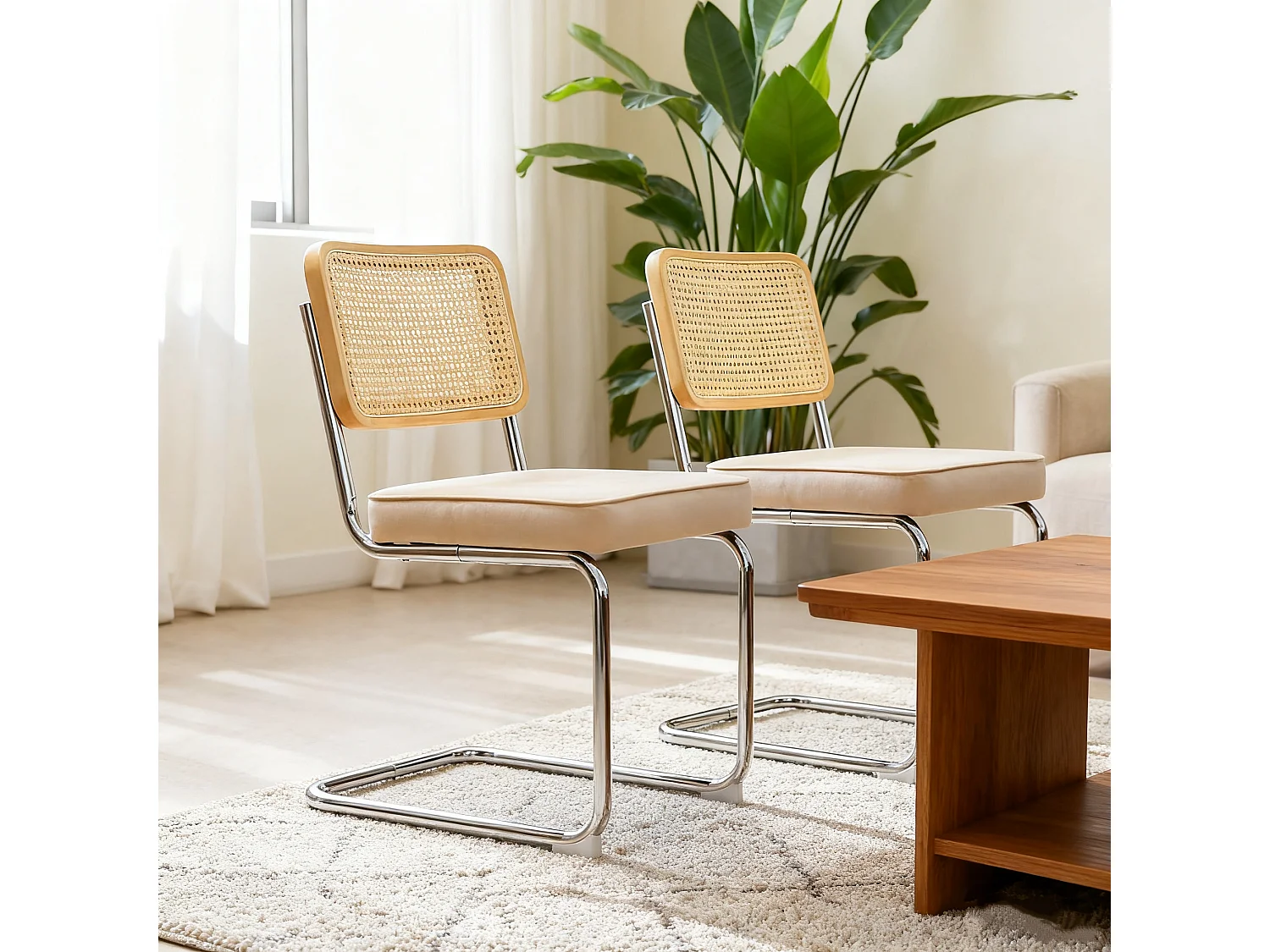 Set di 2 sedie da pranzo in velluto beige e rattan con gambe cromate