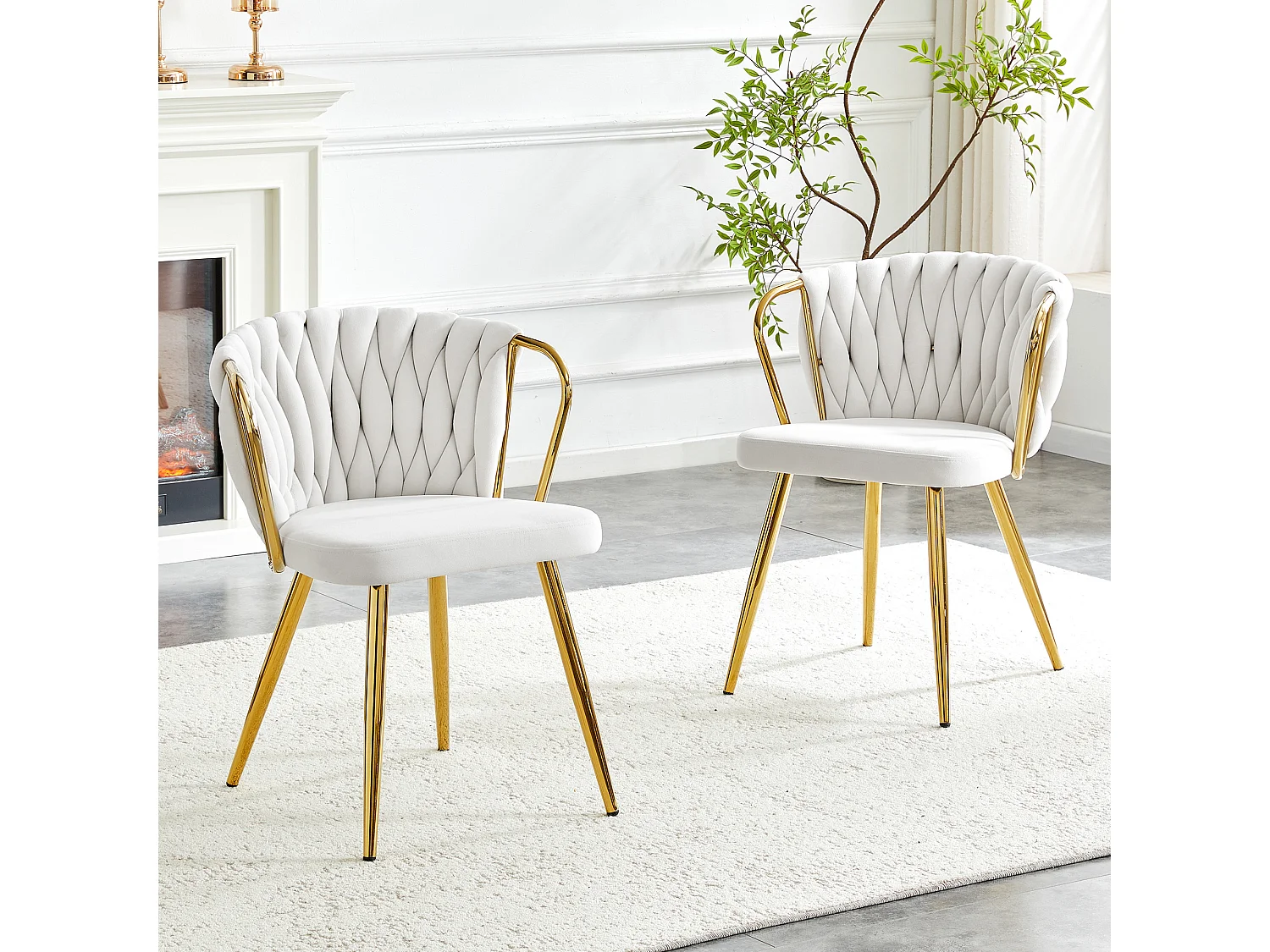 Set di 2 sedie da pranzo imbottite in velluto beige con schienale intrecciato e gambe in metallo dorato