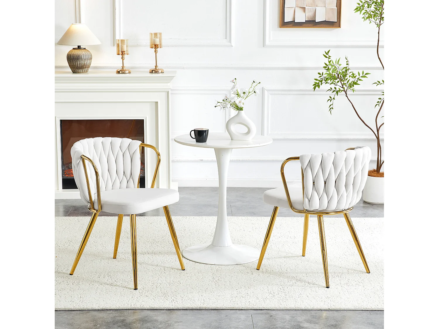 Set di 2 sedie da pranzo imbottite in velluto beige con schienale intrecciato e gambe in metallo dorato