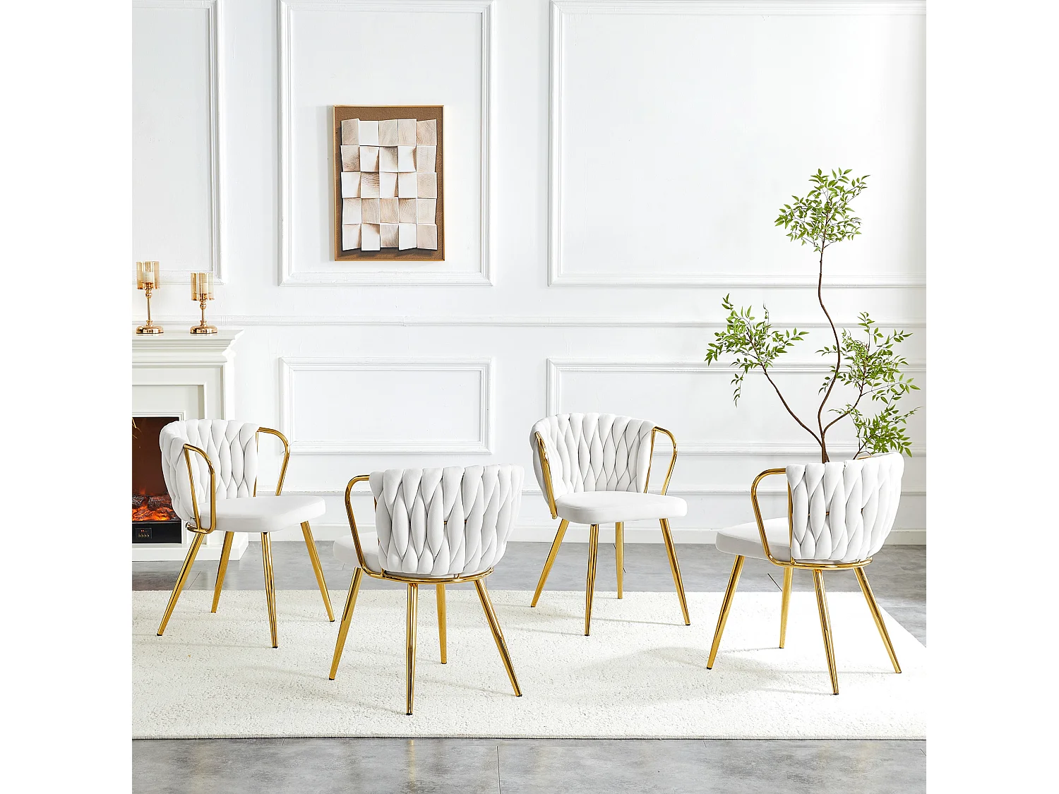 Set di 2 sedie da pranzo imbottite in velluto beige con schienale intrecciato e gambe in metallo dorato