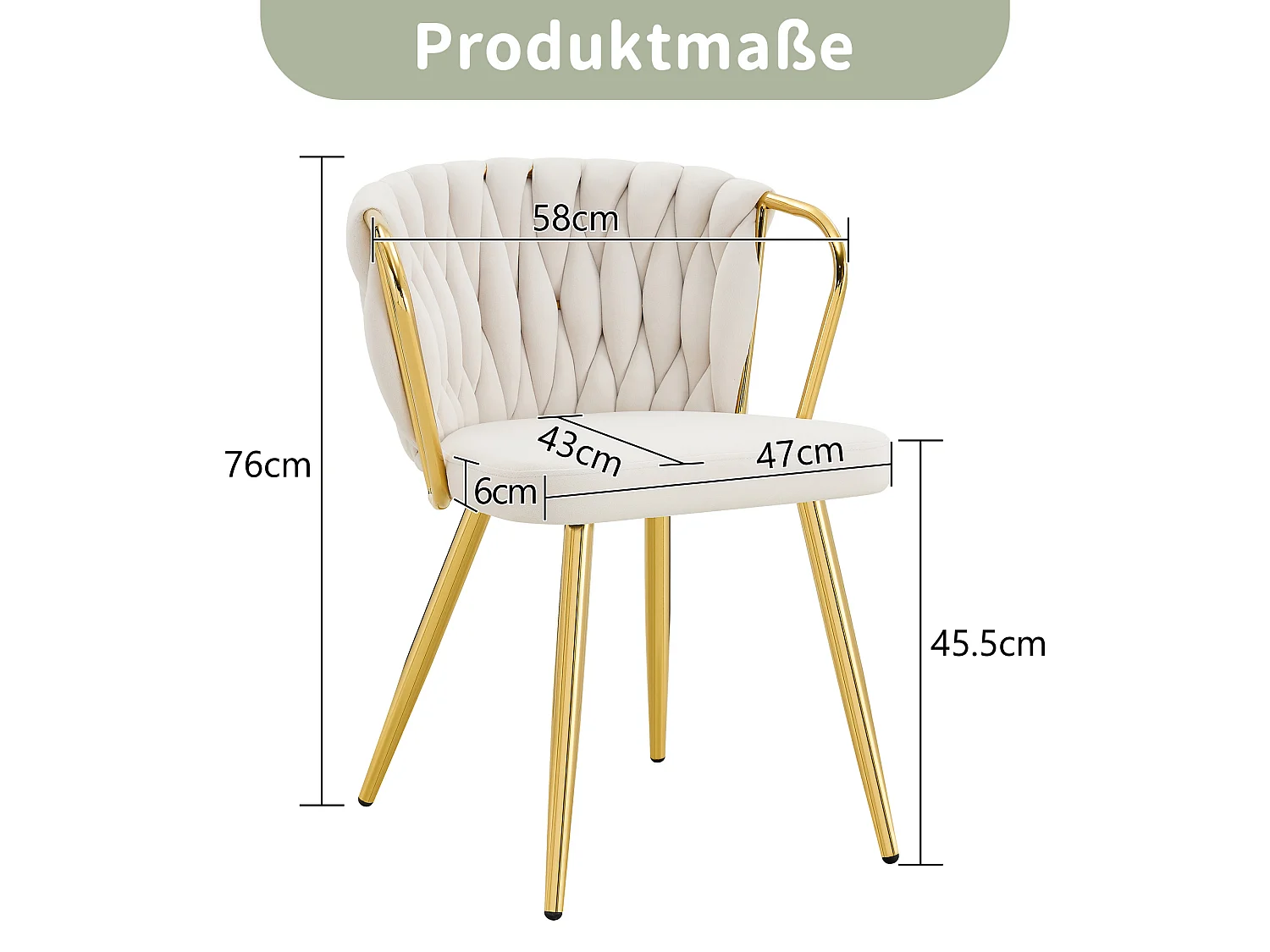 Set di 2 sedie da pranzo imbottite in velluto beige con schienale intrecciato e gambe in metallo dorato