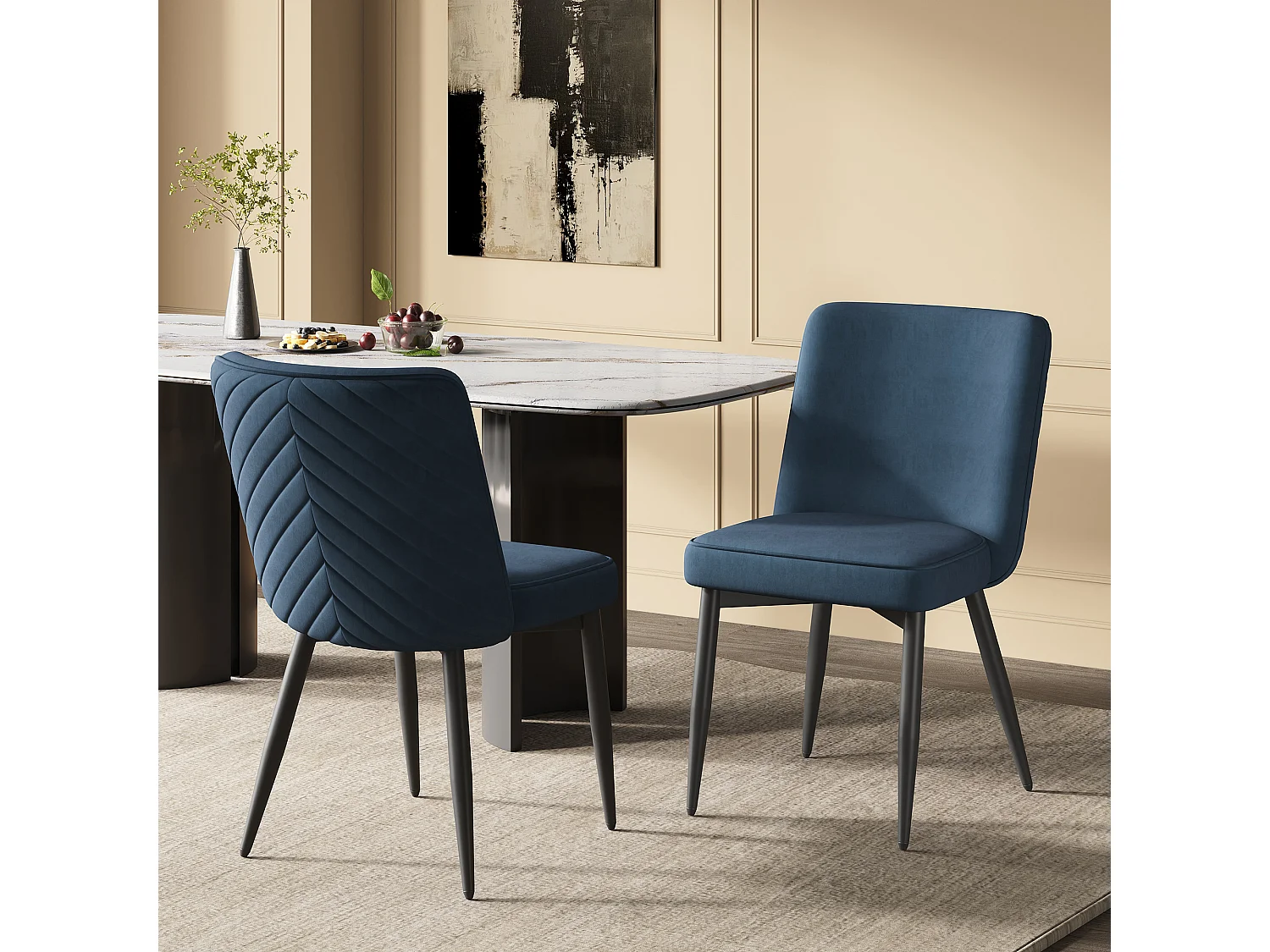 Set van 2 fluwelen eetkamerstoelen met ergonomische rugleuning en metalen frame, donkerblauw