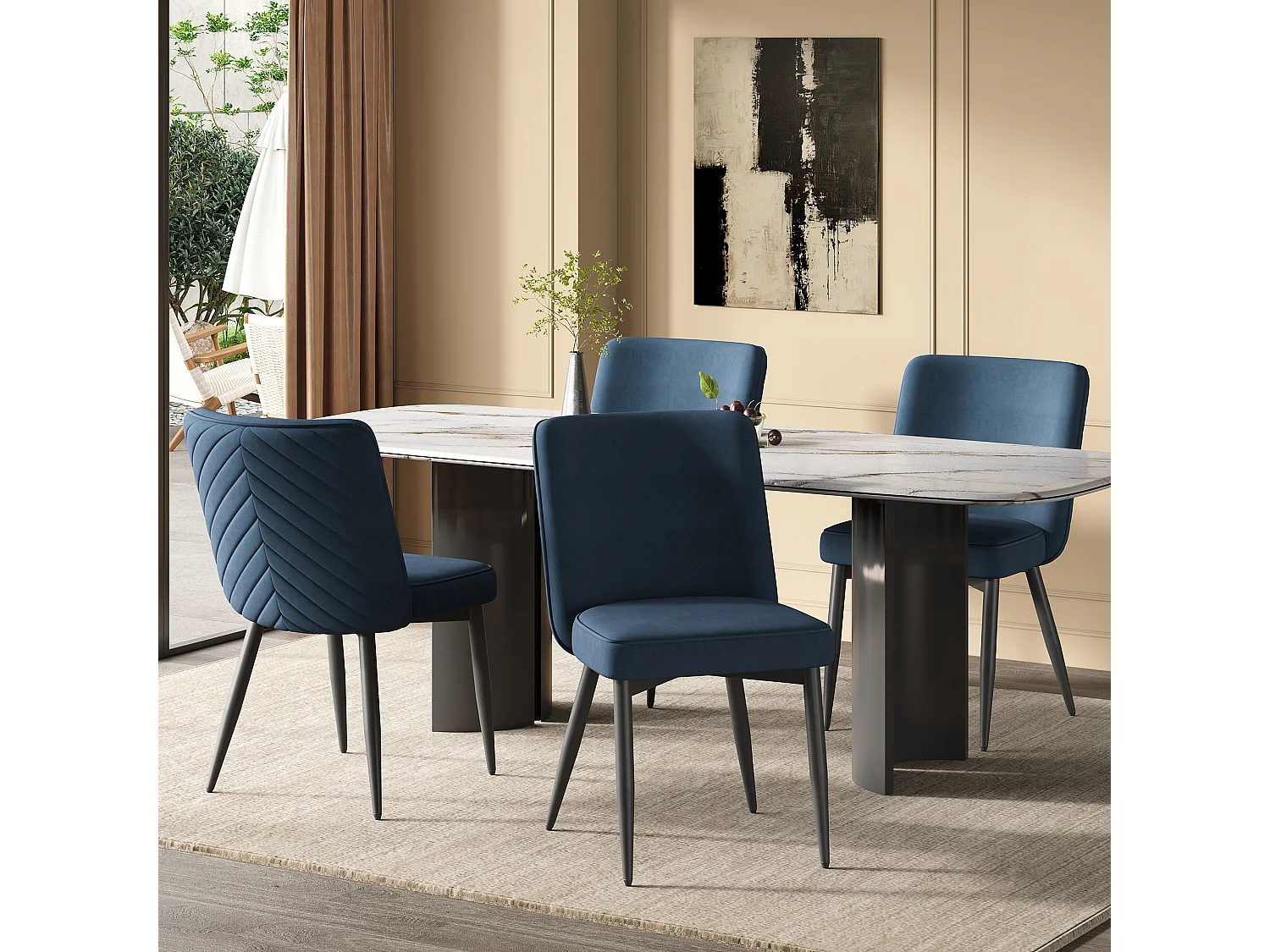 Set van 2 fluwelen eetkamerstoelen met ergonomische rugleuning en metalen frame, donkerblauw