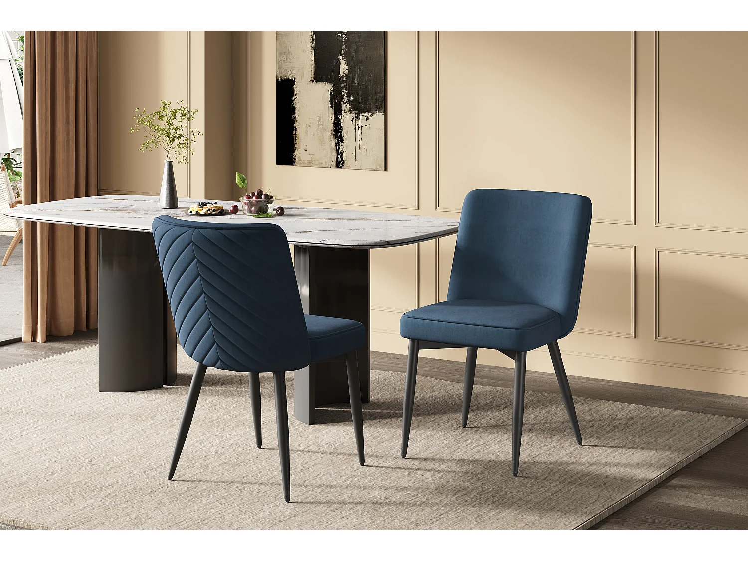Set van 2 fluwelen eetkamerstoelen met ergonomische rugleuning en metalen frame, donkerblauw