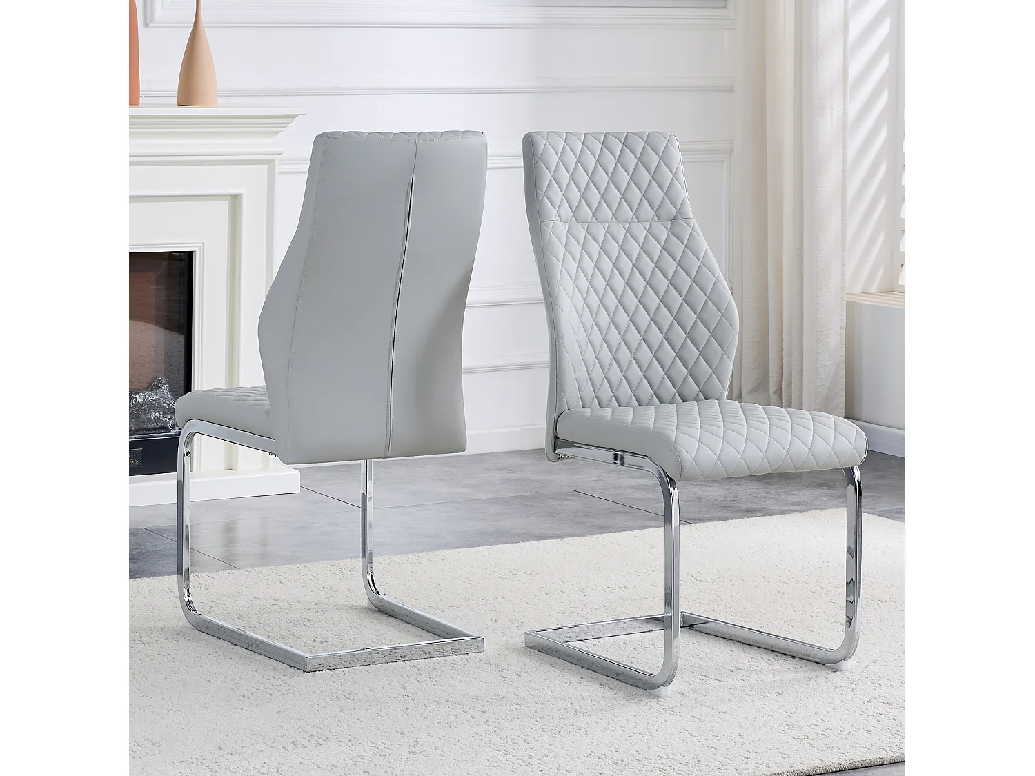Lot de 2 chaises de salle à manger à dossier haut matelassé, en similicuir, gris clair