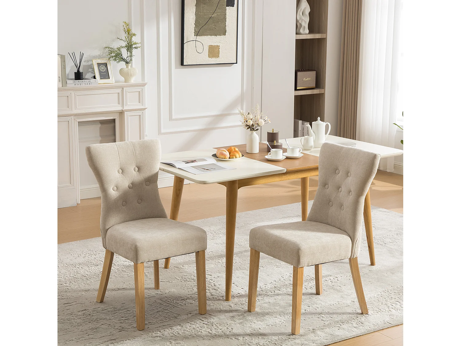 Set di 2 sedie da pranzo imbottite in ciniglia beige con gambe in legno massello