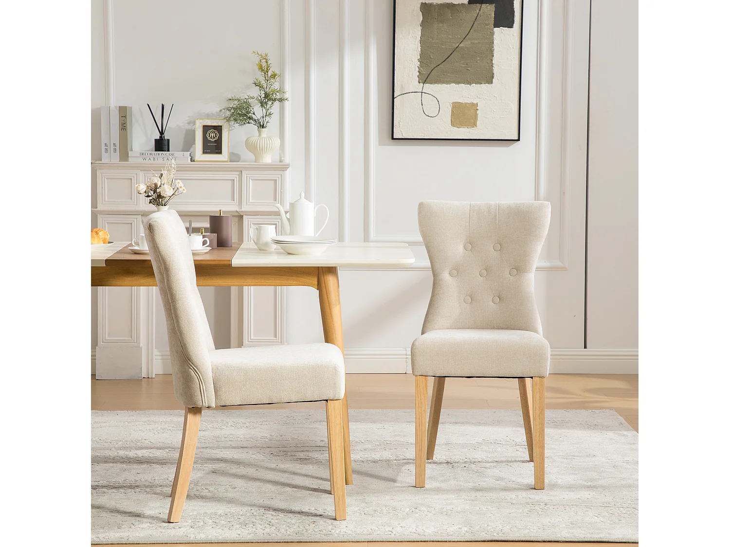 Set di 2 sedie da pranzo imbottite in ciniglia beige con gambe in legno massello