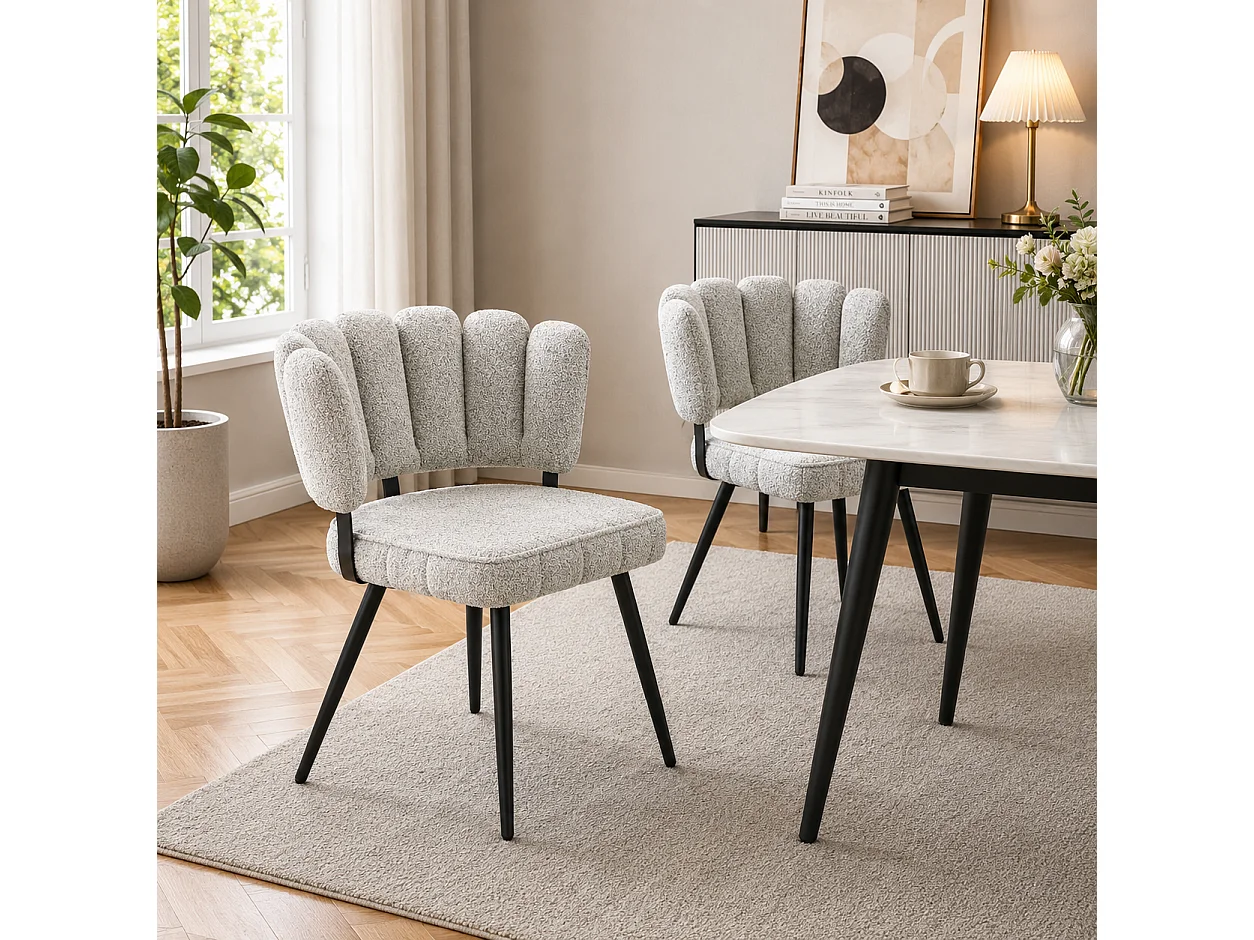 Juego de 2 sillas de comedor de terciopelo texturizado gris claro con patas de metal negro
