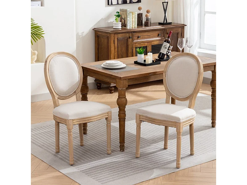 Set di 2 sedie da pranzo in lino in stile francese con struttura in legno massello — Beige