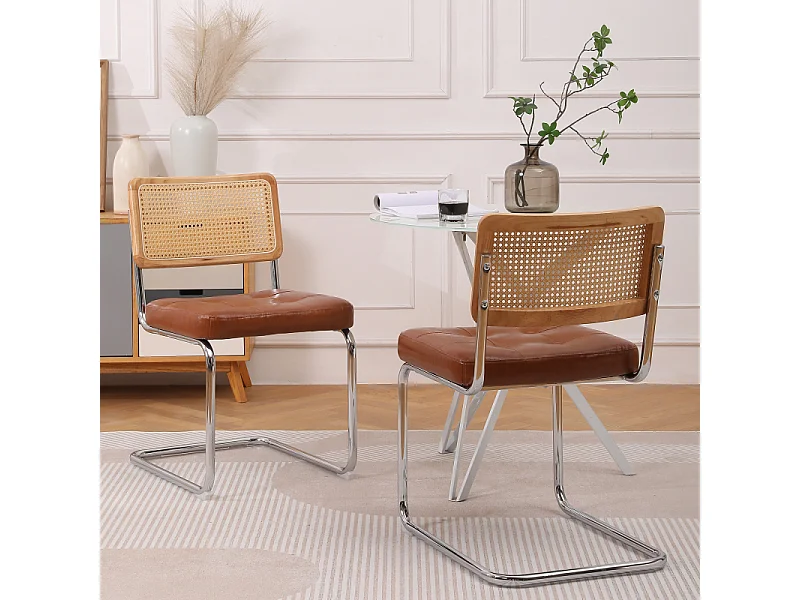 Set van 2 bruine eetkamerstoelen van kunstleer met rugleuningen van rotan