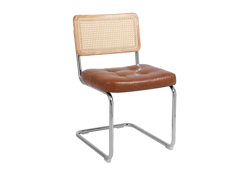 Set van 2 bruine eetkamerstoelen van kunstleer met rugleuningen van rotan