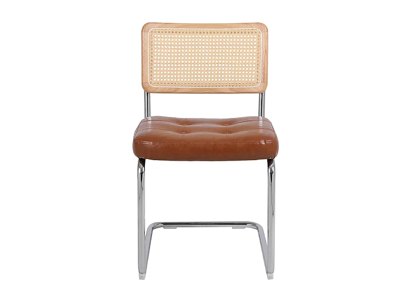 Set van 2 bruine eetkamerstoelen van kunstleer met rugleuningen van rotan