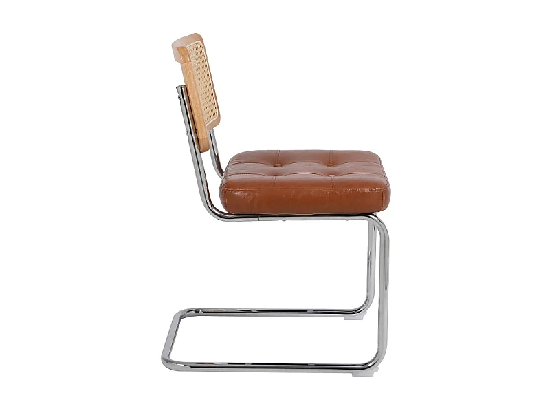 Set van 2 bruine eetkamerstoelen van kunstleer met rugleuningen van rotan