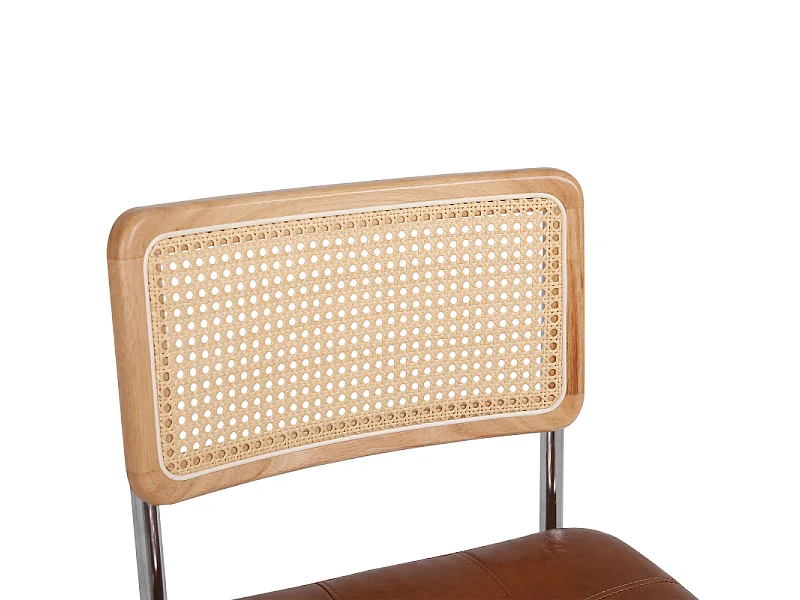 Set van 2 bruine eetkamerstoelen van kunstleer met rugleuningen van rotan