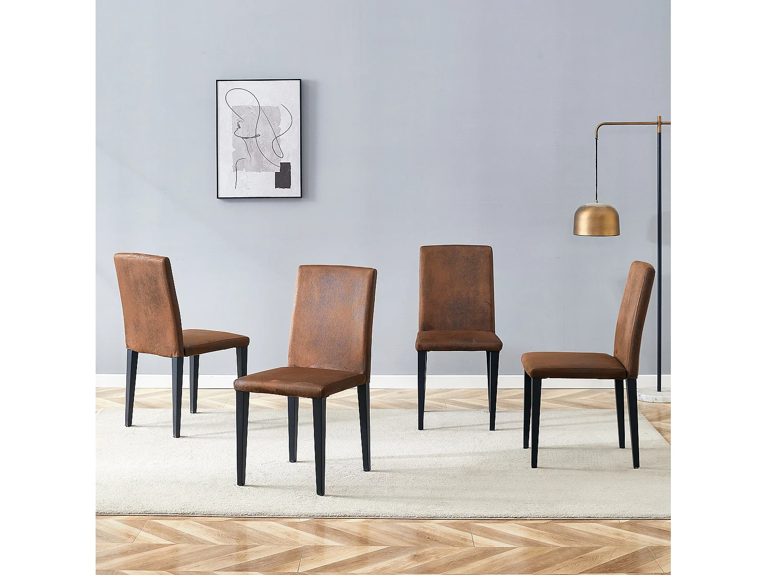 Lot de 4 chaises de salle à manger en tissu marron avec pieds en métal noir