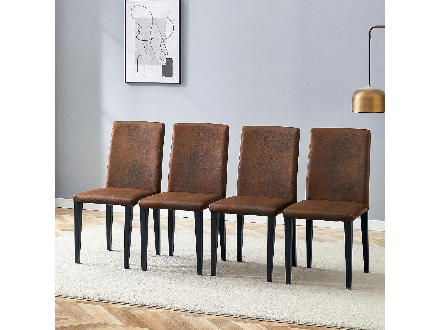 Lot de 4 chaises de salle à manger en tissu marron avec pieds en métal noir