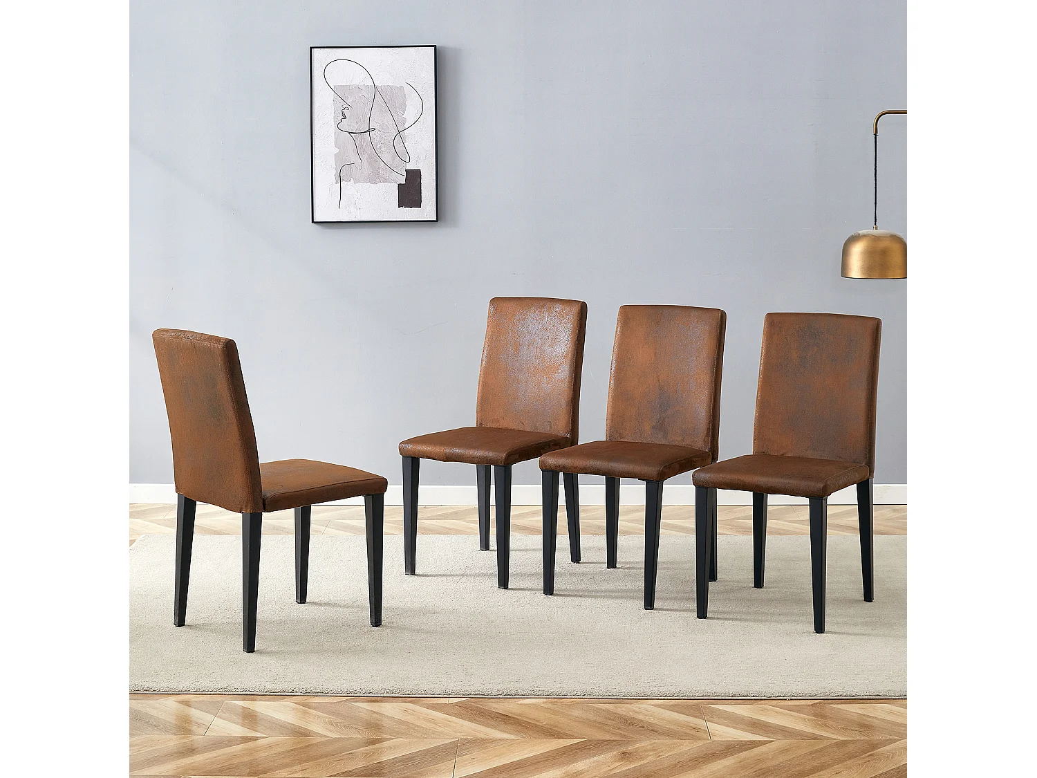 Lot de 4 chaises de salle à manger en tissu marron avec pieds en métal noir