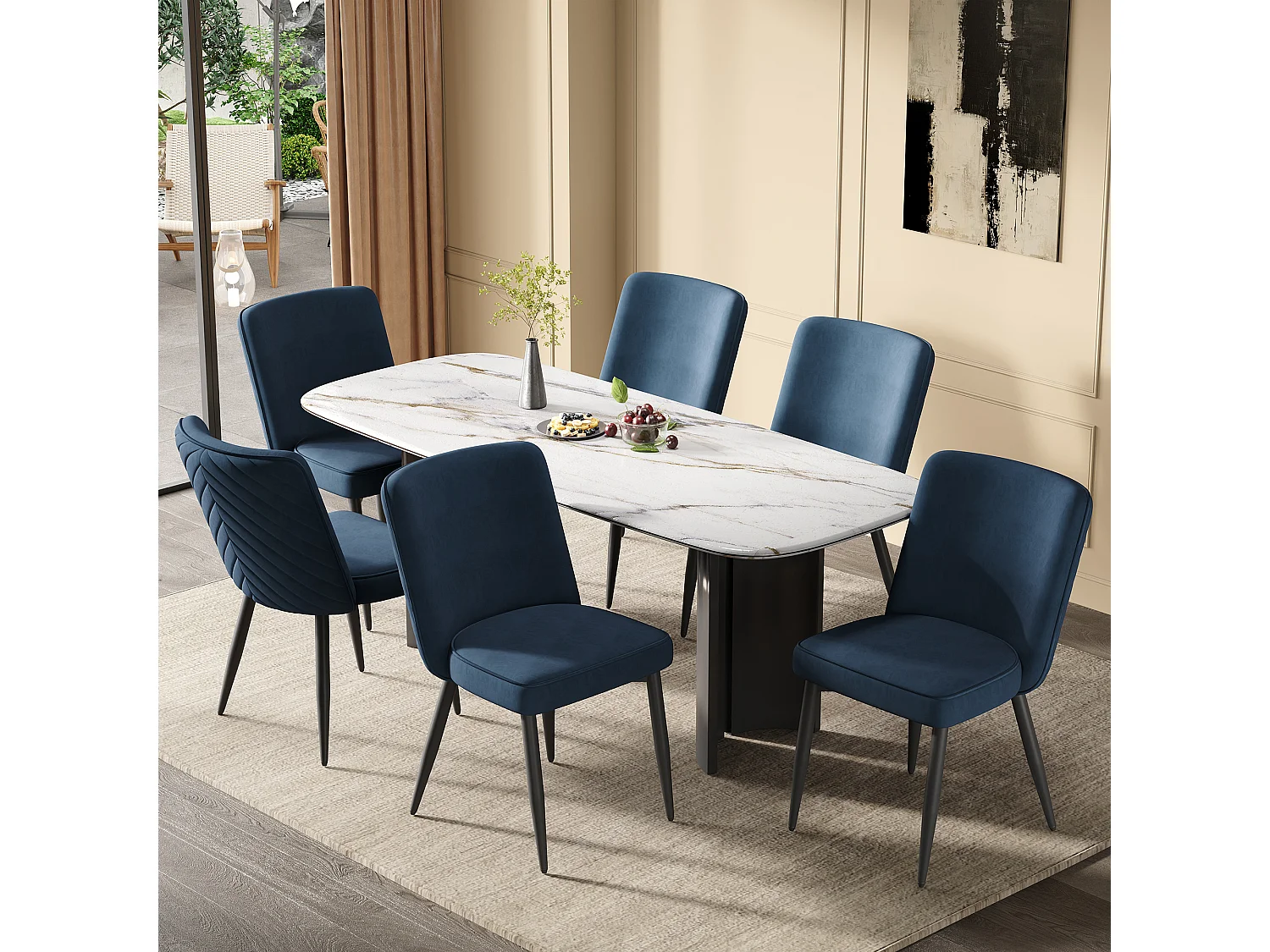 Set van 4 fluwelen eetkamerstoelen met ergonomische rugleuning en metalen frame, donkerblauw